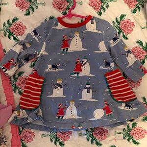 Mini Boden Blue Snowman Dress with Red Accents